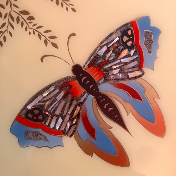 1940's Reverse Glass Painted Butterfly Tray - Double Handled - - Picture 4 of 11